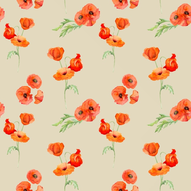 Watercolor seamless pattern with hand drawn summer bright red poppy flowers Isolated on color backg