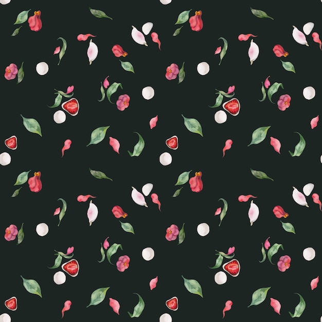 Watercolor seamless pattern with hand drawn traditional japanese sweets wagashi mochi camellia flowers isolated on dark background invitations restaurant menu greeting cards print textile