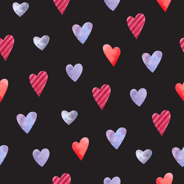 Watercolor seamless pattern with hearts simple on black background Vector texture