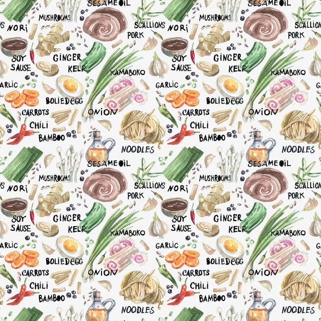 Watercolor seamless pattern with ingredients for traditional Japanese ramen soup