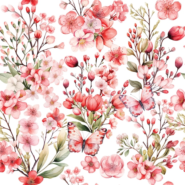 Watercolor seamless pattern with pink wild spring flowers for Valentines day romantic illustration