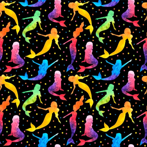 Watercolor seamless pattern with rainbow mermaids underwater world