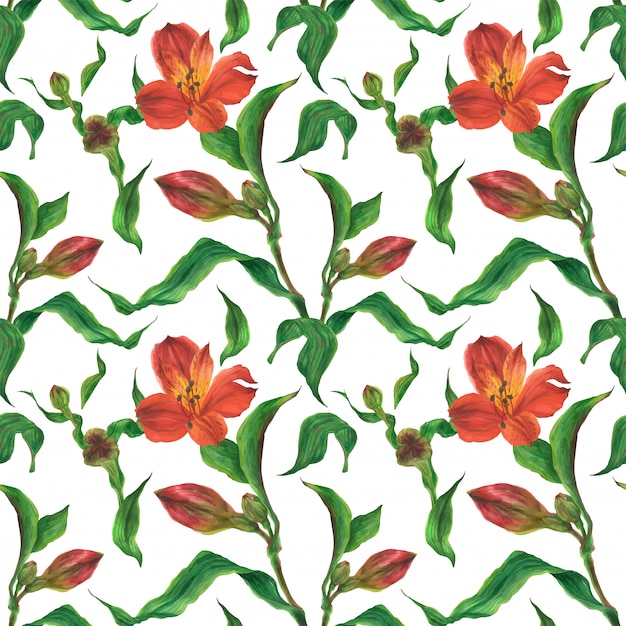 Watercolor seamless pattern with red alstroemeria buds and flowers