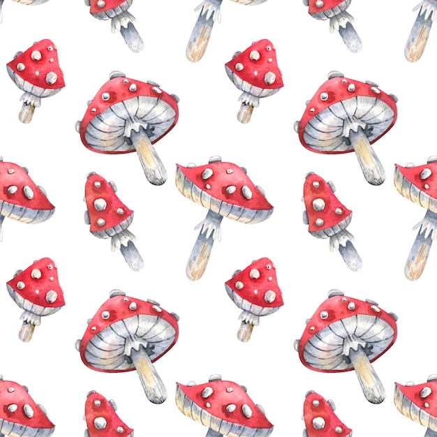 Watercolor seamless pattern with red fly agarics on a white background. Amanita pattern. Seamless