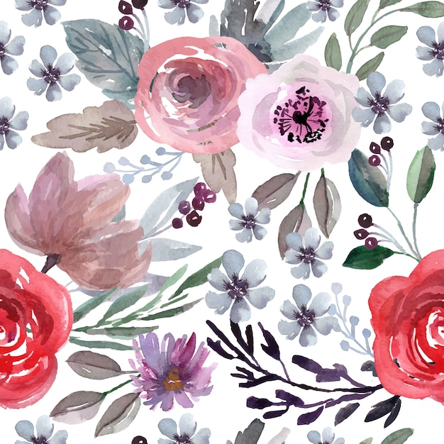 Watercolor seamless pattern with red rose and purple flowers