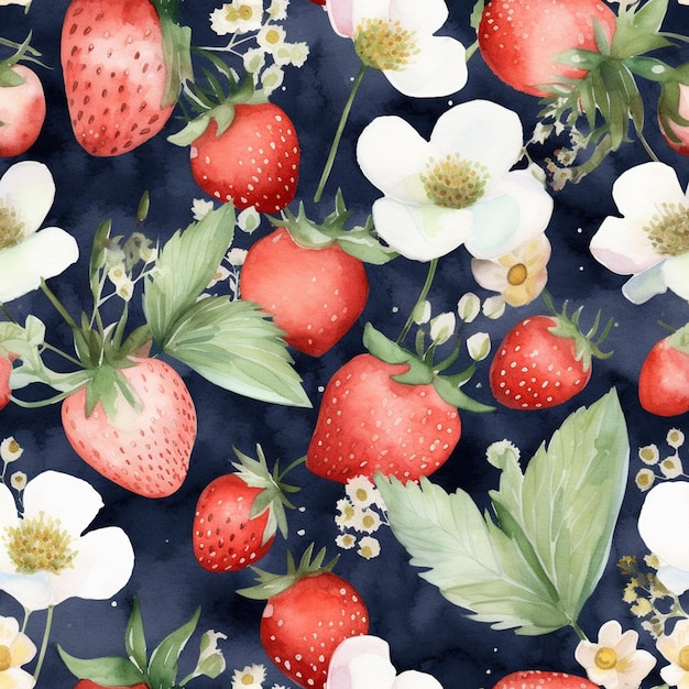 Watercolor seamless pattern with red strawberries on black background