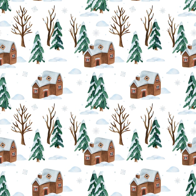 ベクトル 雪の冬の森と家と水彩のシームレスなパターン