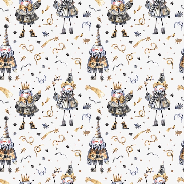 Watercolor seamless pattern with snowmen, golden stars and confetti. christmas, new year background