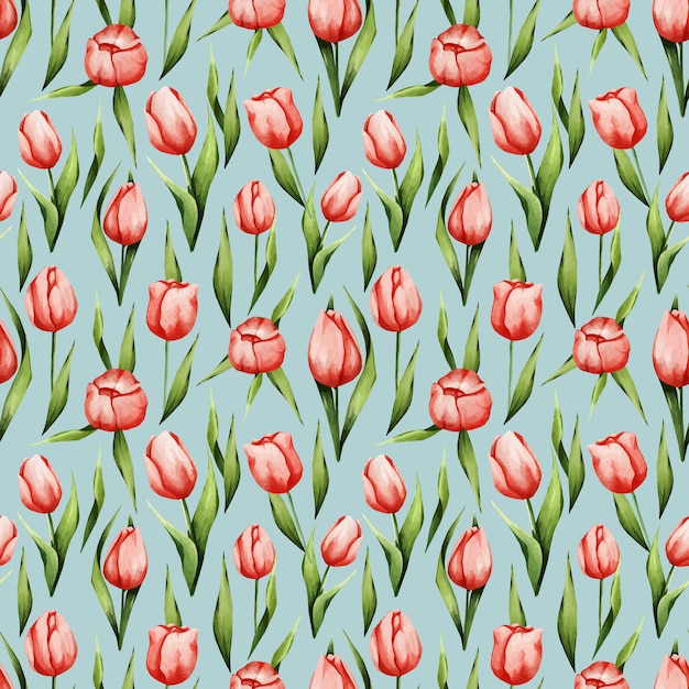 Vector watercolor seamless pattern with spring flowers red tulips seamless texture