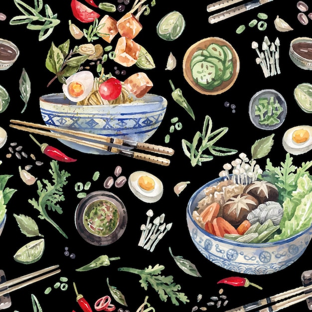 Watercolor, seamless pattern with traditional asian food, sukiyaki, tofu bowl, vegetables and spices