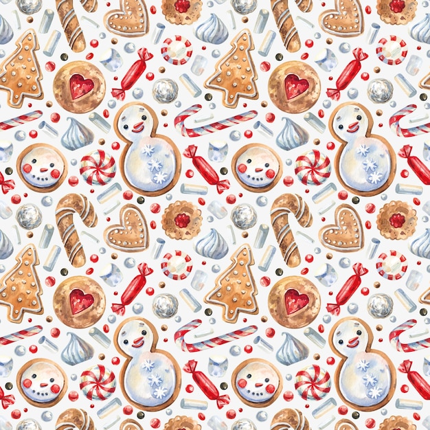 Watercolor, seamless pattern with traditional christmas sweets in cartoon style. lollipops, candy