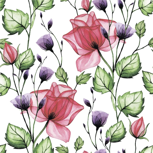 Watercolor seamless pattern with transparent flowers pink and purple rose flowers xray