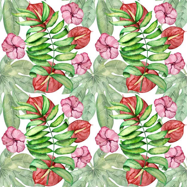 Watercolor seamless pattern with tropical plants illustration