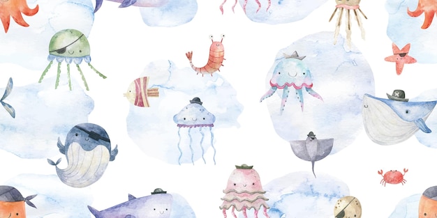 Акварельный бесшовный рисунок с подводным миром, рыбой, китовой акулой, дельфином, медузой, водорослями, ракушками