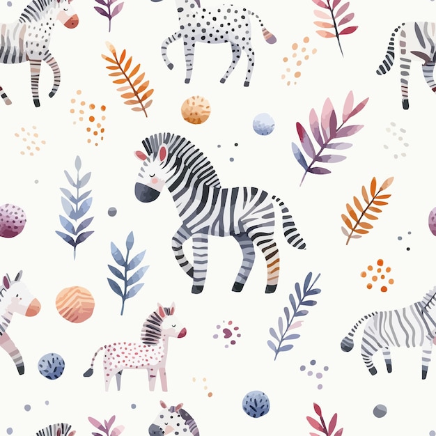 Vettore acquerello disegno senza cuciture con zebra animale selvatico illustrazione vettoriale disegnata a mano