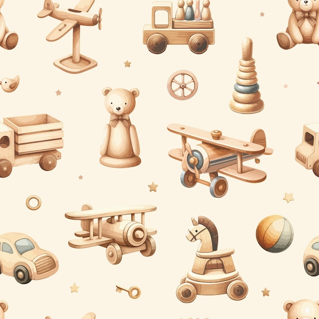 Watercolor seamless pattern with wood newborn baby toys