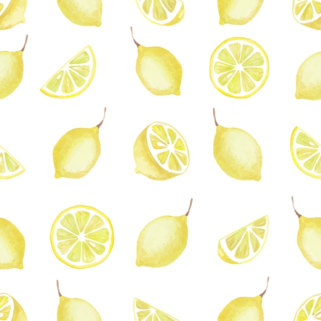 Watercolor seamless pattern of yellow lemon elements