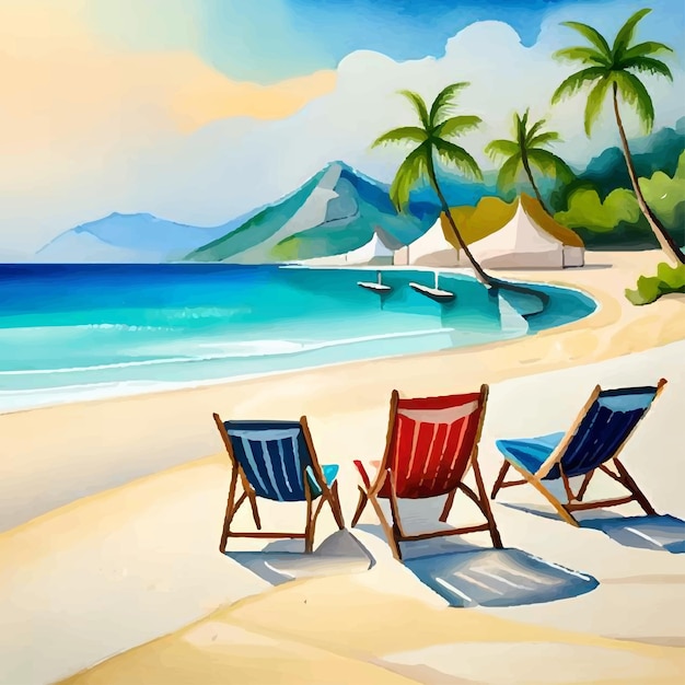 watercolor seaside landscape tropical resort with deck chair and umbrella background