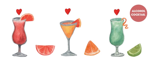 Vector watercolor set of alcohol cocktails: blue curacao, aperol spritz, tequila sunrise.