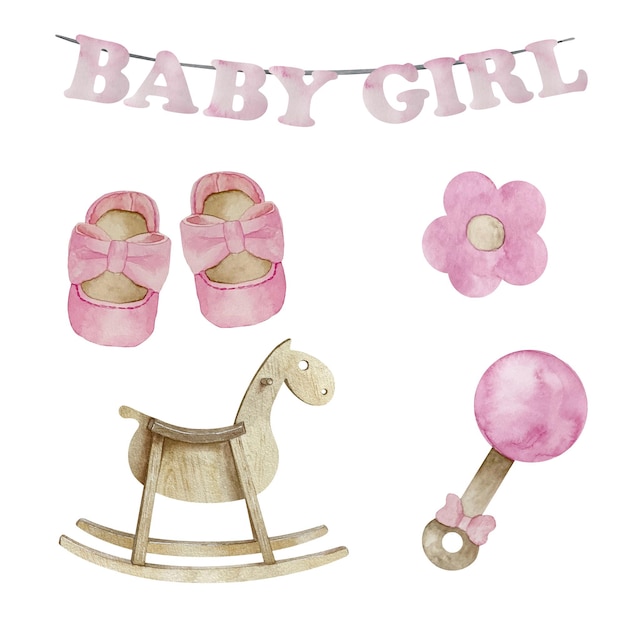 Watercolor set of baby girl pink elements wooden toys rocking horse pacifier shoes illustration