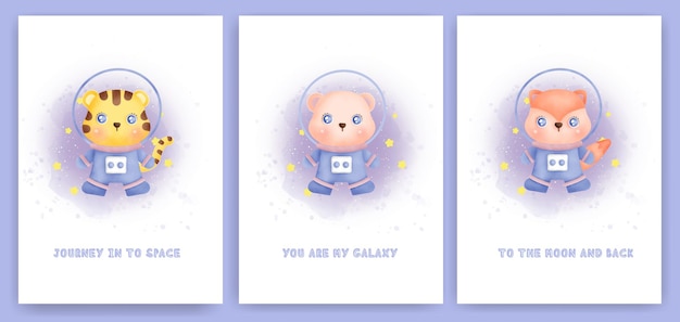 Watercolor set of baby shower greeting cards with a cute animals in the galaxy.