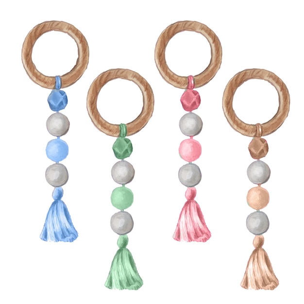 Vector watercolor set of baby teethers hand drawn illustration for baby shower design