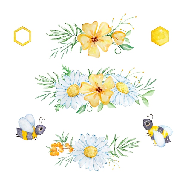 Watercolor set bees and bouquets of chamomile