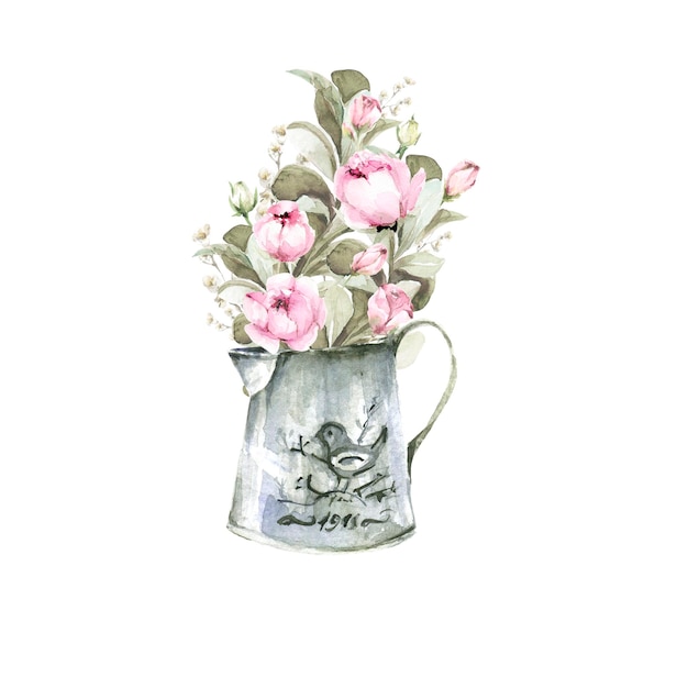 watercolor set bouquet with roses peony in metal jug rustic set perfect for vintage paper