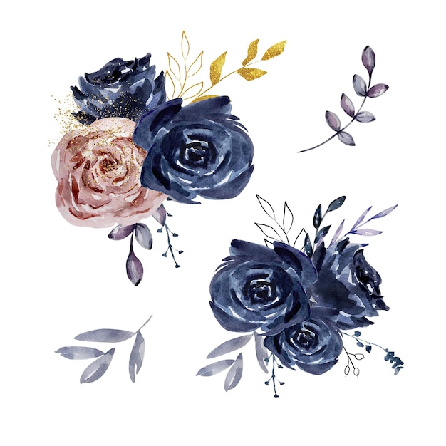 Vector watercolor set of bouquets dark roses