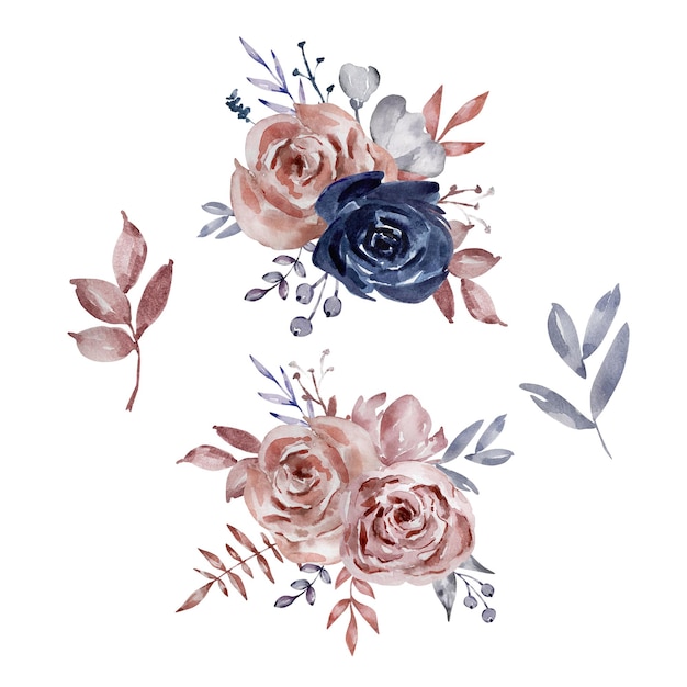 Watercolor set of bouquets dark roses