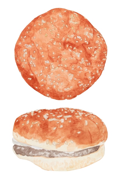 Vector watercolor set burger with sesame seeds