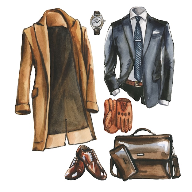 Vettore acquerello set di abiti casual da lavoro, scarpe e borsa per uomo. illustrazione di abbigliamento aziendale. pittura disegnata a mano di look in stile ufficio. pack guardaroba