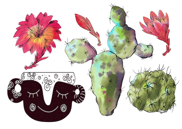 Vector watercolor set of cacti