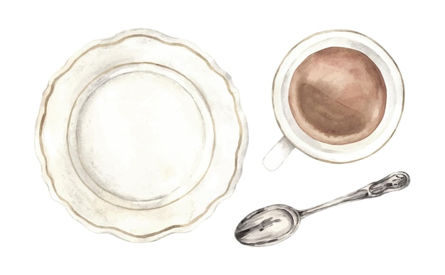 Watercolor set of ceramic dishes a mug with tea a plate and a spoon top view The illustration