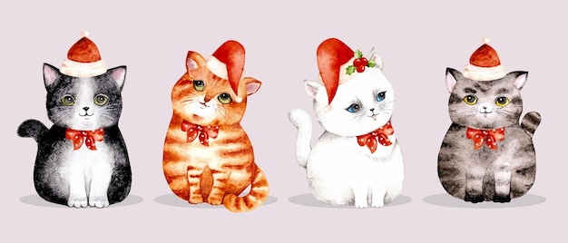 Watercolor set of Christmas cat