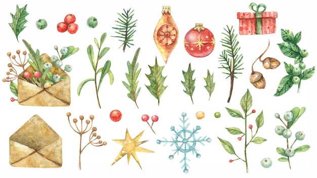 Set acquerello di decorazioni natalizie con illustrazioni di fiocchi di neve regali di bacche