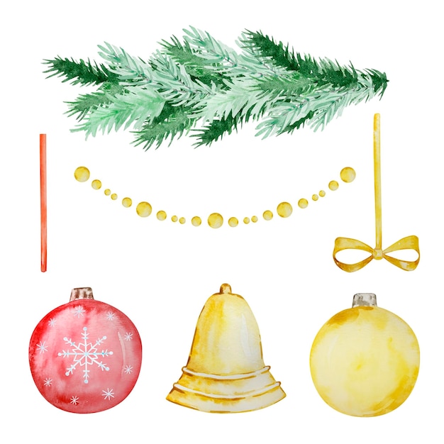 Watercolor set of christmas decorations and winter greenery