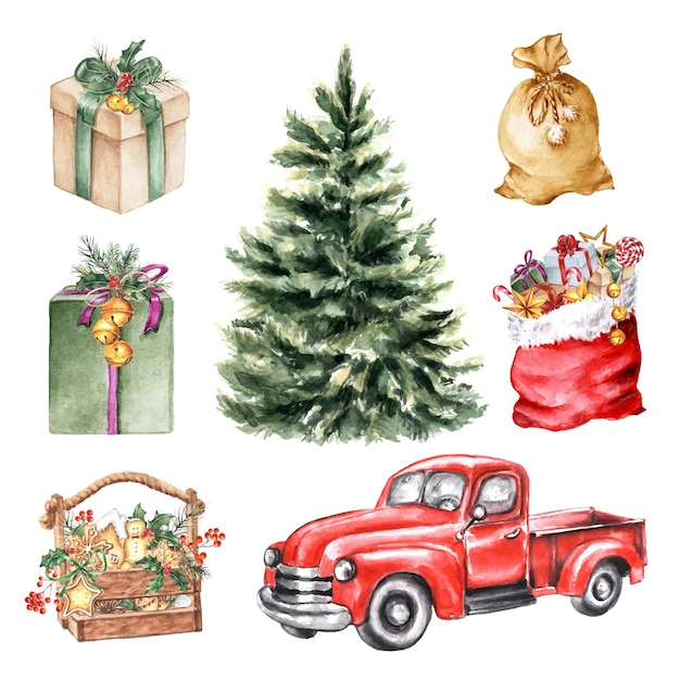 Vettore set d'acquerelli di elementi natalizi sacchetto rosso di regali scatole regalo per alberi di natale