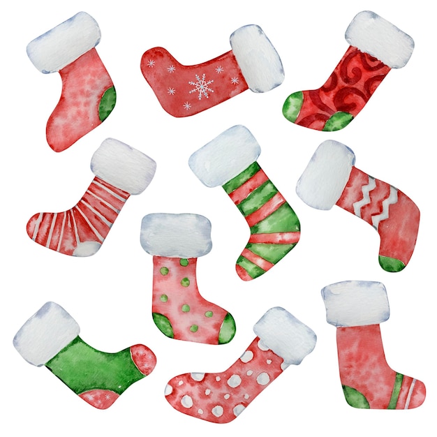 Watercolor set of christmas red and green stockings