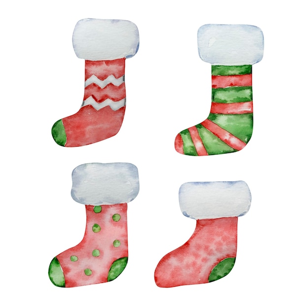 Watercolor set of christmas red and green stockings