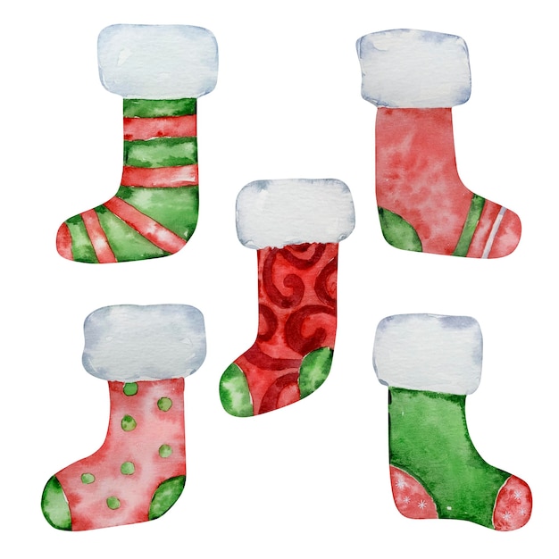 Watercolor set of christmas red and green stockings