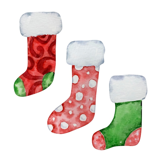 Watercolor set of christmas red and green stockings