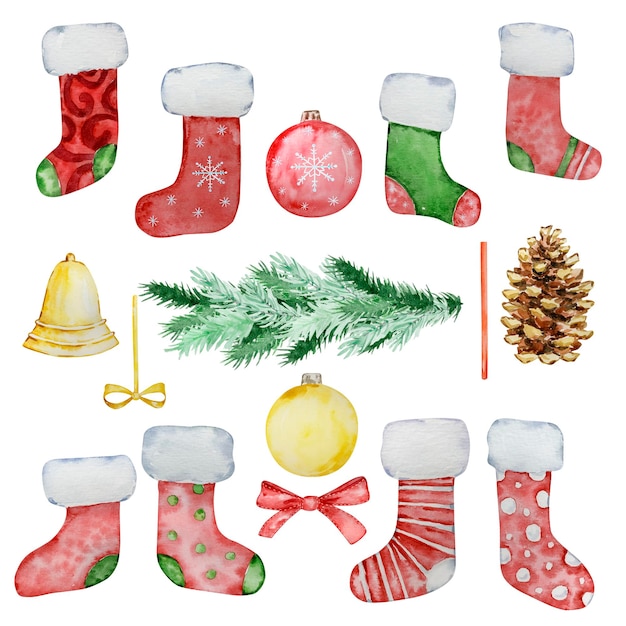 Watercolor set of christmas stockings and decoration for holiday design