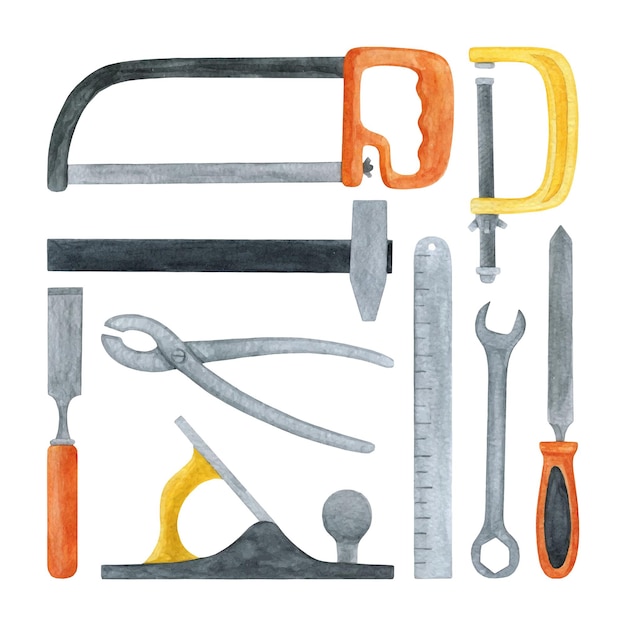 WATERCOLOR SET OF CONSTRUCTION TOOLS ON A WHITE BACKGROUND IN VECTOR