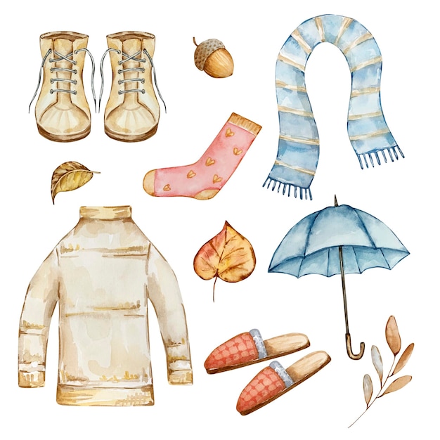 Vector watercolor set of cozy autumn cute elements