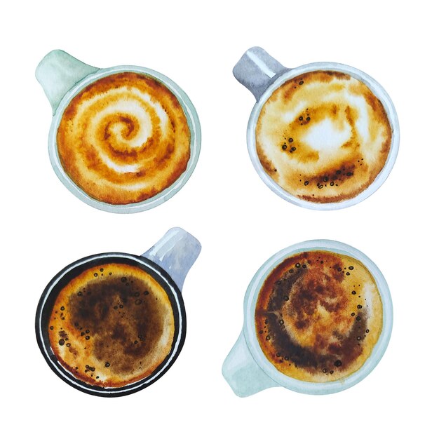 Vector watercolor set of cup of coffee latte capuccino espresso and croissants