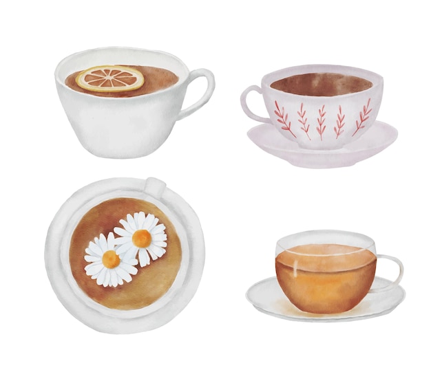 Vector watercolor set of cups with chamomile tea