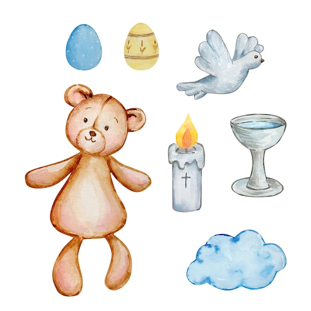 Watercolor set of cute baby angel bear