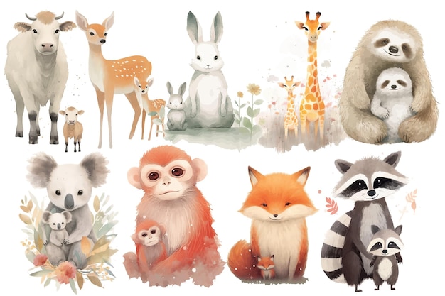 Watercolor set of cute baby raccoon deer fox giraffe monkey koala cow