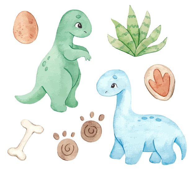 Watercolor set of cute dinosaurs kids illustration
